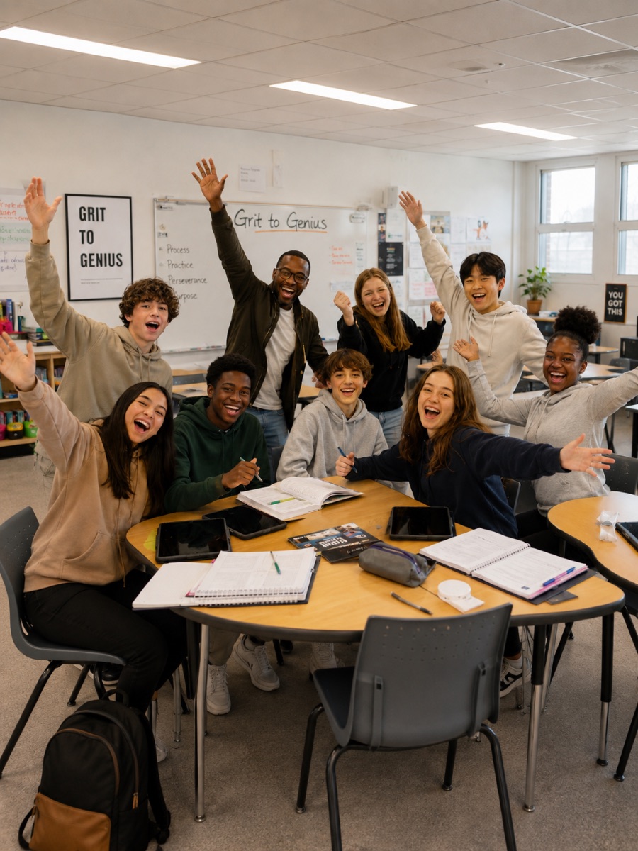 A classroom of smiling teens with arms raised, Grit to Genius on the whiteboard
