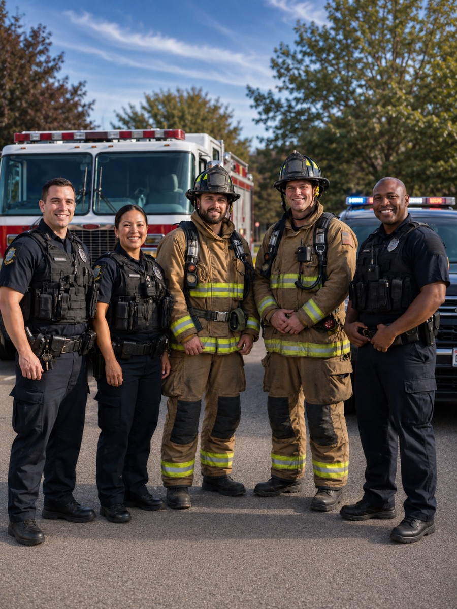 Police officers and firefighters standing together in front of a fire engine